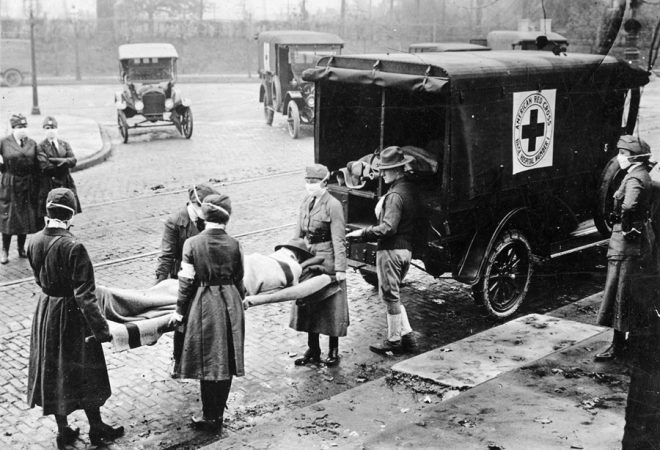 Influenza epidemic in United States. St. Louis, Missouri, Red Cross Motor Corps on duty, October 1918. (National Archives)