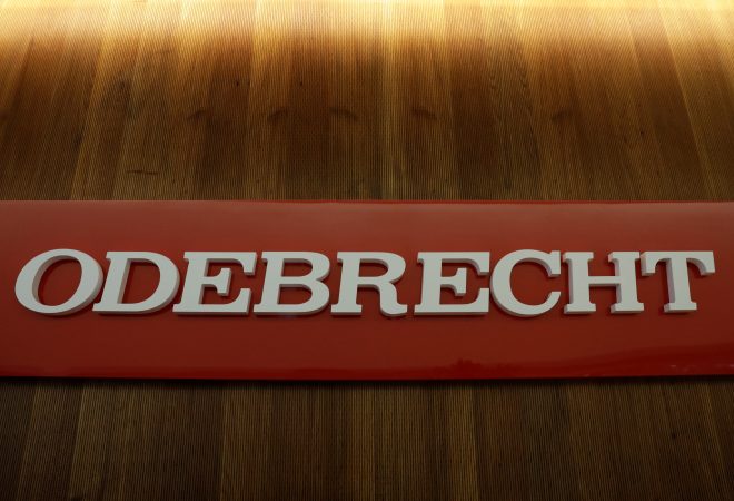 The corporate logo of the Odebrecht SA construction conglomerate is pictured at its headquarters in Sao Paulo, Brazil August 3, 2018.  REUTERS/Paulo Whitaker