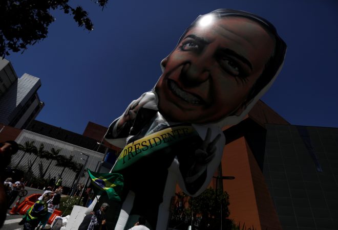 An inflatable doll depicting presidential candidate Jair Bolsonaro is seen in front of the Albert Einstein hospital after he was stabbed in Juiz de Fora, in Sao Paulo, Brazil September 7, 2018. REUTERS/Nacho Doce