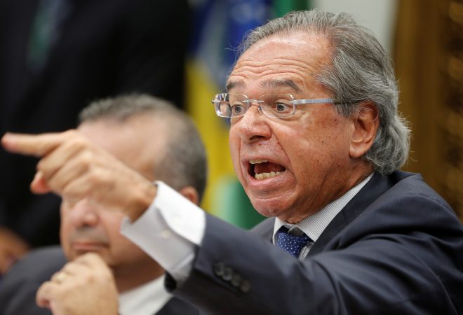 Brazil's Economy Minister Paulo Guedes gestures during a meeting of the committees of the Constitution, Justice and Citizenship (CCJ) in Brasilia, Brazil April 3, 2019. REUTERS/Adriano Machado