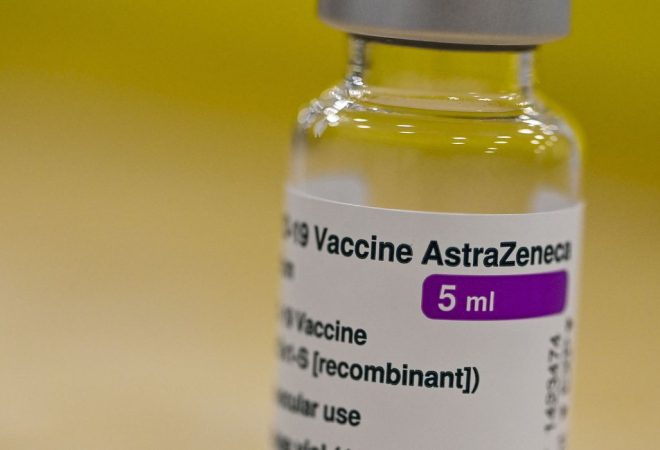 A vial of the AstraZeneca vaccine pictured at the Covid vaccination centre at Park Spoor Oost, in Antwerp, Tuesday 23 March 2021.  BELGA PHOTO DIRK WAEM. No Use Belgium.