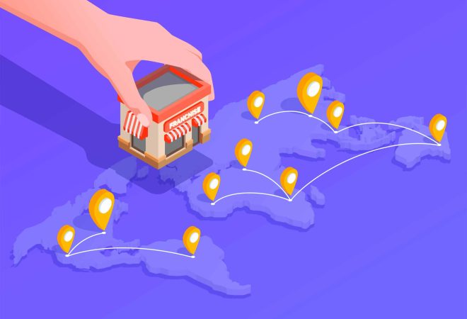 Franchise isometric composition with location and finance symbols vector illustration