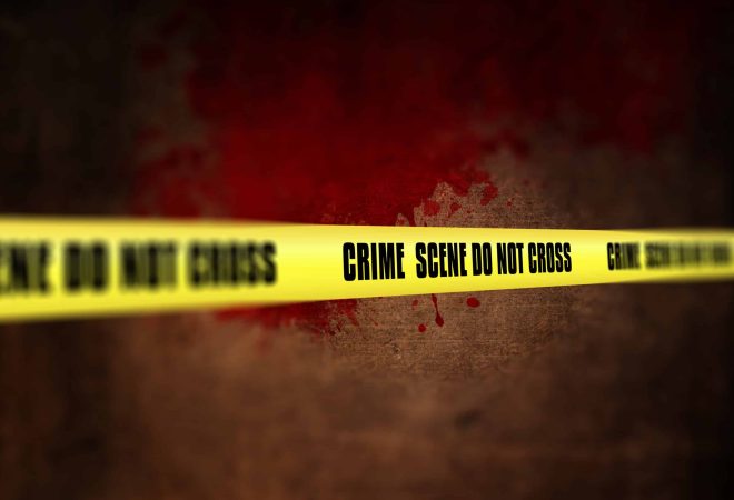 3D render of a crime scene tape against defocussed background