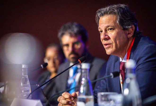 12/10/2023, O ministro da Fazenda, Fernando Haddad, durante reunião do FMI em Marrocos. Foto:Diogo Zacarias/MF