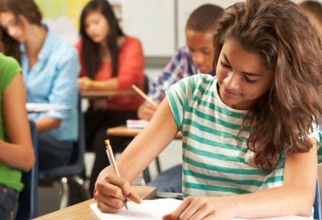 Female Pupil Studying At Desk In Classroom