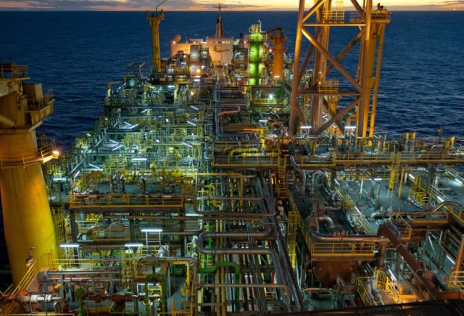 Floating Production Storage and Offloading
(FPSO) Espirito Santo, Parque das Conchas field, Brazil.  Heavy oil, BC-10 field offshore Brazil deepwater project.
Three fields are being developed with subsea wells and manifolds, each field is tied back to the centrally located FPSO.