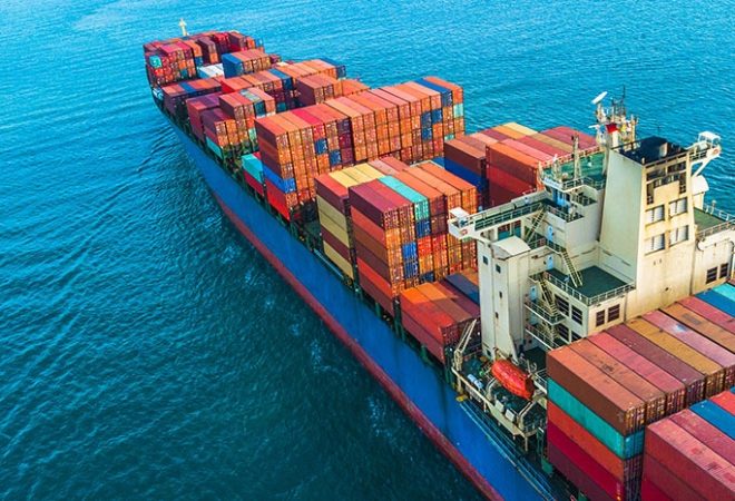 Container ship entering from bottom right