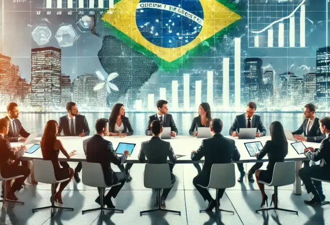DALL·E 2024-11-19 17.25.43 - A conceptual image illustrating the Brazilian tax reform. The scene should show a business meeting with professionals discussing strategic planning an
