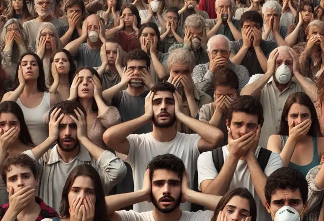 DALL·E 2024-12-08 17.49.27 - Uma multidão de pessoas de diversas etnias em um ambiente urbano, todas sem máscaras faciais, segurando a cabeça com as mãos em sinal de dor ou descon