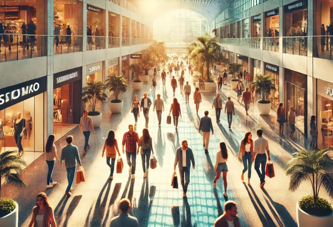DALL·E 2024-12-09 17.28.25 - A bustling shopping center in Brazil with groups of consumers walking through sunlit corridors. The shoppers, depicted as adults (both young and middl