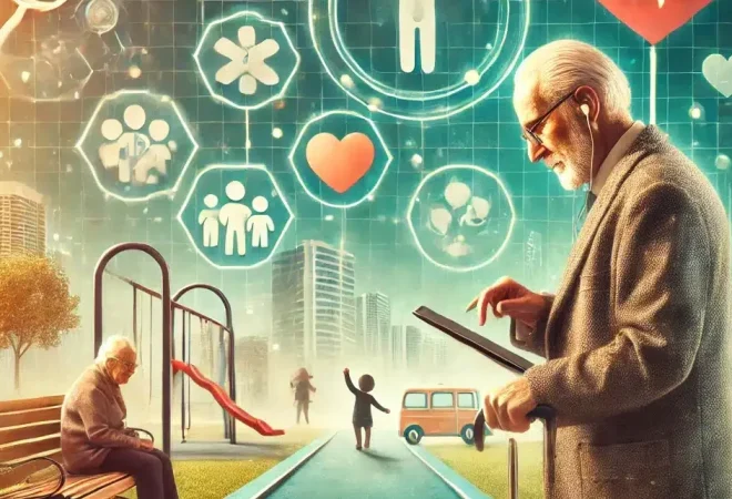 DALL·E 2025-01-03 14.59.20 - A conceptual image representing Brazil in 2025, with a growing elderly population and fewer children. The image should include an elderly person with