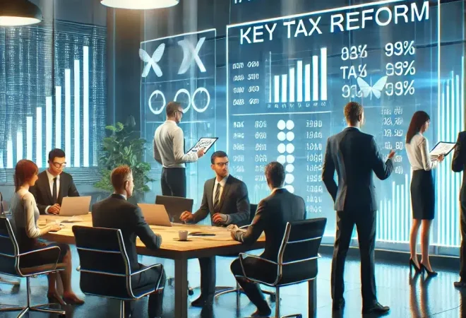 DALL·E 2025-03-05 13.43.26 - An illustration of a business team in a modern office analyzing financial charts and digital tax documents on large screens. The environment is profes