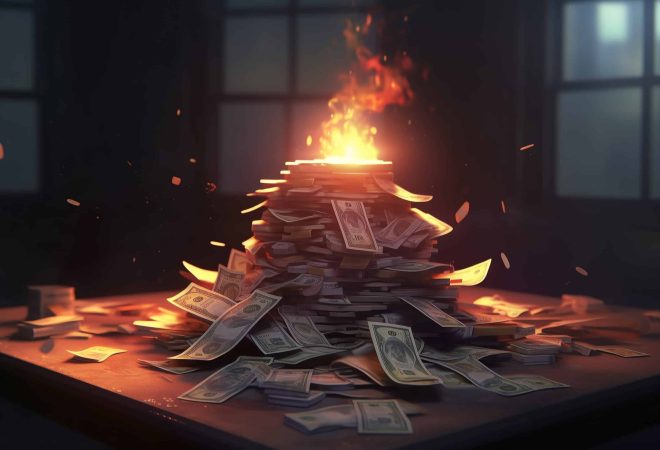 A pile of money burning on a table, set against a dark background, a clean, well-defined, and focused image. High quality. Digital illustration in anime style, clean image --chaos 100 --ar 3:2 --stylize 1000 --v 5.1 Job ID: 9ed79b04-5ca6-4152-a0f3-9024c6ed6968