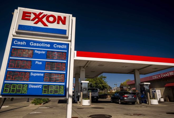 Signage with fuel prices at a Exxon Mobil gas station in Berkeley, California, U.S., on Wednesday, March 9, 2022. The average price of gasoline in the U.S. jumped above $4 a gallon for the first time since 2008 in a clear sign of the energy inflation thats hurt consumers since Russia invaded Ukraine. Photographer: David Paul Morris/Bloomberg