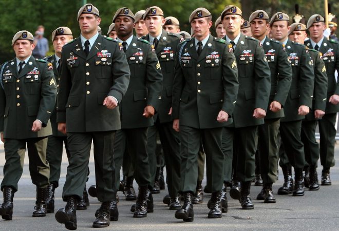 U.S. Army Rangers with the 75th Ranger Regiment make up the "honor platoon" in a funeral procession to the gravesite of Gen. (retired) Wayne A. Downing during his internment service at West Point, NY, Sept. 27, 2007.