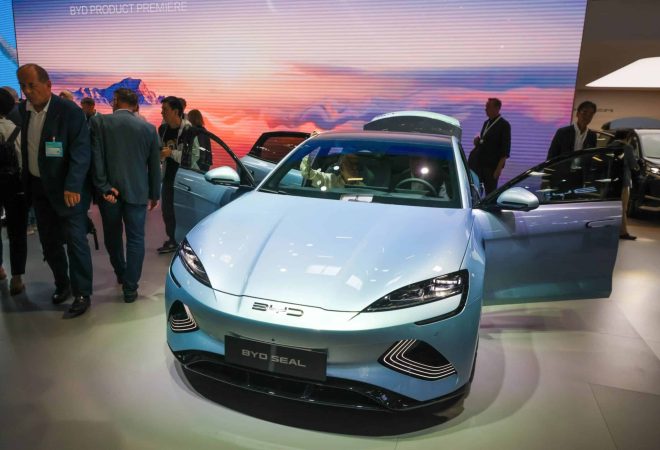 A BYD Co. Seal electric sedan during the media day for the Munich Motor Show (IAA) in Munich, Germany, on Monday, Sept. 4, 2023. The biennial motor show, one of Europe's most important automotive events, opens on Tuesday, Sept. 5, with the future of the car industry in the balance.