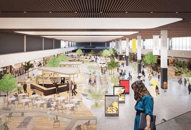 Projeção do marketplace do novo terminal de passageiros do Aeroporto de Congonhas, que será entregue em 2028. Foto: Divulgação/Aena Brasil