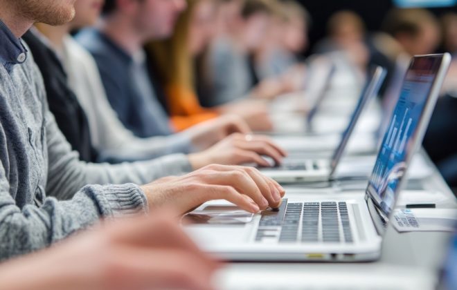 Students using laptops in a classroom, focused on learning and technology.
