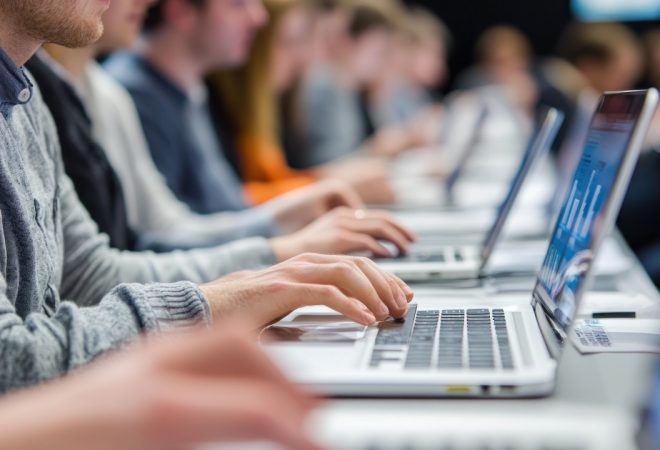 Students using laptops in a classroom, focused on learning and technology.
