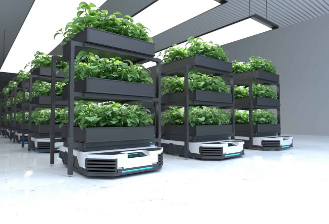 Automatic transport robot transporting plants, Smart robotic farmers concept. 3D illustration