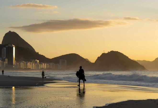 A beautiful shot of the Copacabana Beach in Rio de Janeiro during a sunrise
