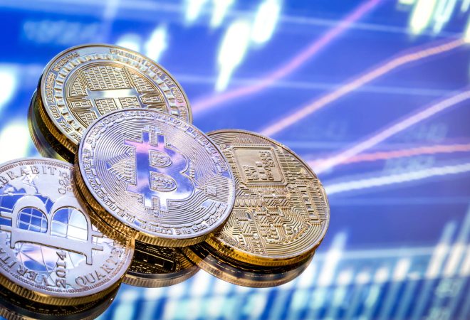 Bitcoin is a new concept of virtual money, the graphics and digital background. Coins with the image of the letter B. a Conceptual image of the world of digital cryptocurrency and payment system
