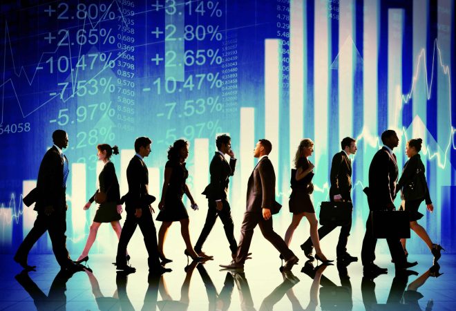 Business People Walking Financial Figures Concept