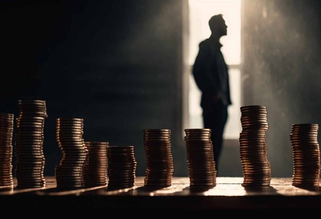 One businessman holds glowing gold coin stack generated by artificial intelligence
