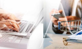 Businessman working with smart phone and laptop and digital tablet computer in office with digital marketing media in virtual icon