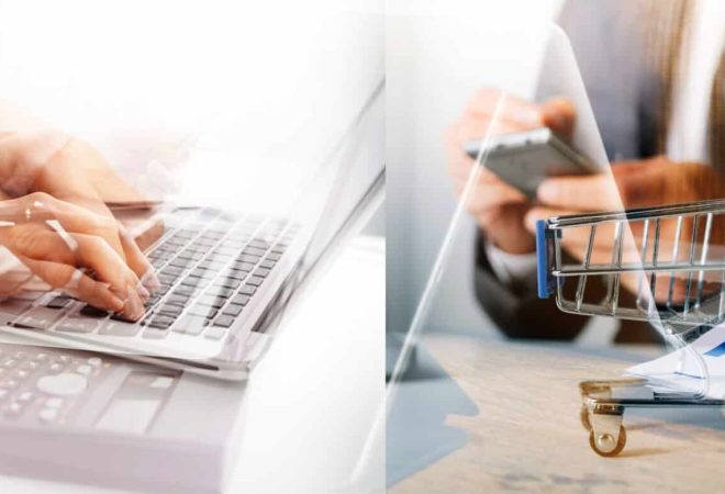 Businessman working with smart phone and laptop and digital tablet computer in office with digital marketing media in virtual icon