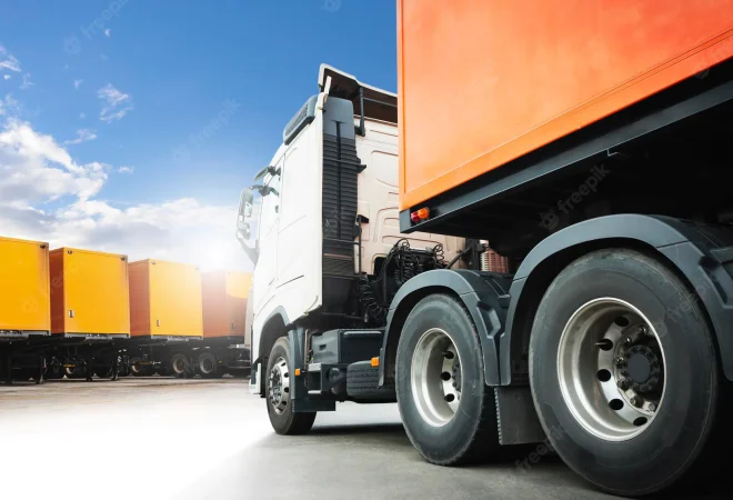 caminhao-semi-reboque-com-transporte-de-conteiner-de-carga-estacionamento-logistica-caminhoes-transporte_36860-1562
