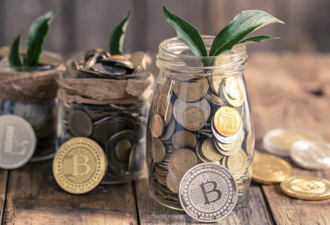coin Bitcoin and a jar of coins and green growth, growing from above, stand on a wooden background, the concept of growth and saving money
