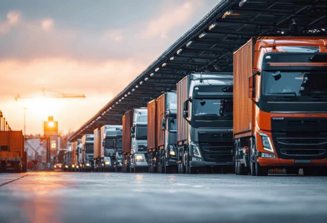 commercial-trucks-lined-up-logistics-hub-sunset
