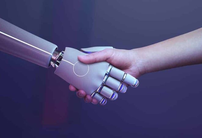 Robot handshake human background, futuristic digital age