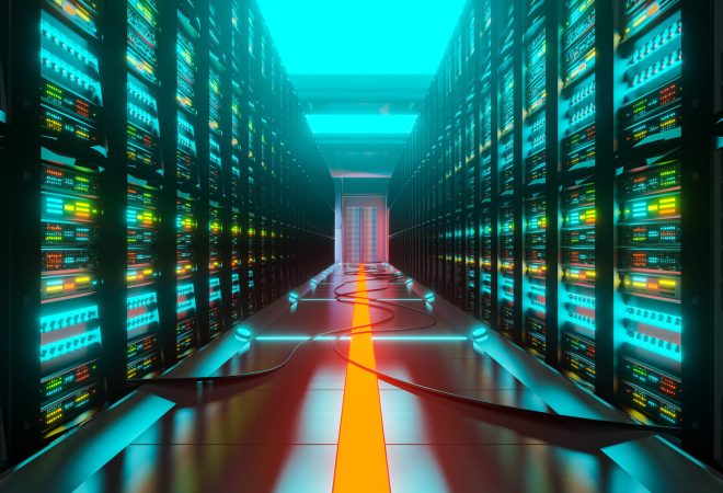 Data center with server racks in a corridor room. 3D render of digital data and cloud technology
