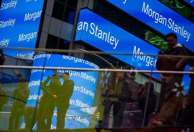 Signage is displayed outside Morgan Stanley & Co. headquarters in the Times Square neighborhood of New York, U.S., on Friday, Feb. 22, 2019. U.S. stocks rose along with Treasuries as investors awaited results from top-level trade talks between America and China. Photographer: Michael Nagle/Bloomberg via Getty Images