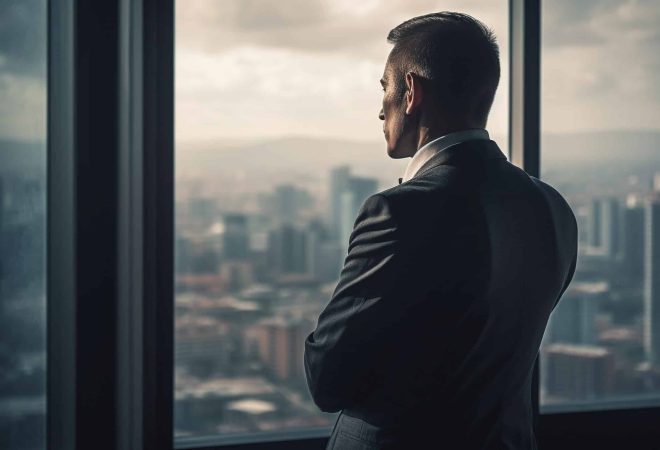 Confident businessman watching city sunset through window generated by artificial intelligence