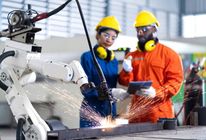 engineer cooperation male and female technician maintenance control relay robot arm system welding with tablet laptop to control quality operate process work heavy industry 4.0 manufacturing factory