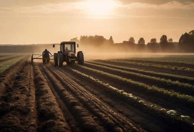 Farm worker driving tractor prepares for harvest generated by artificial intelligence