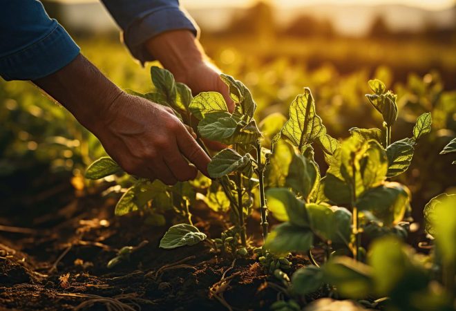 Farmer working on a small plant growing in the field at sunset