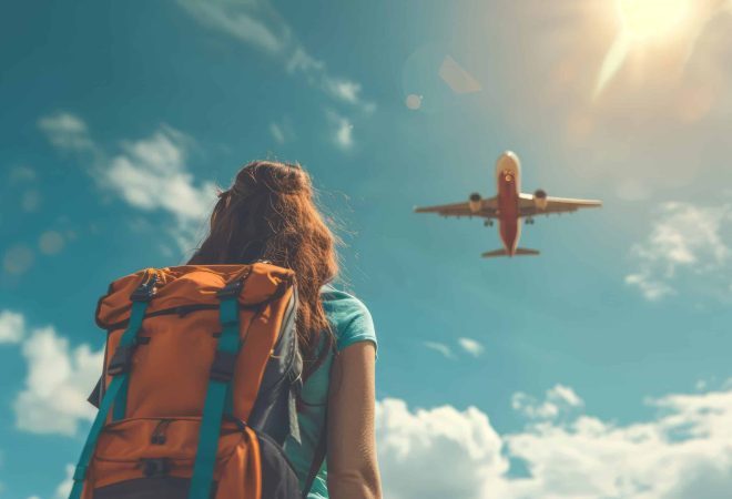 A female tourist wearing a backpack looking at airplane in the sky.