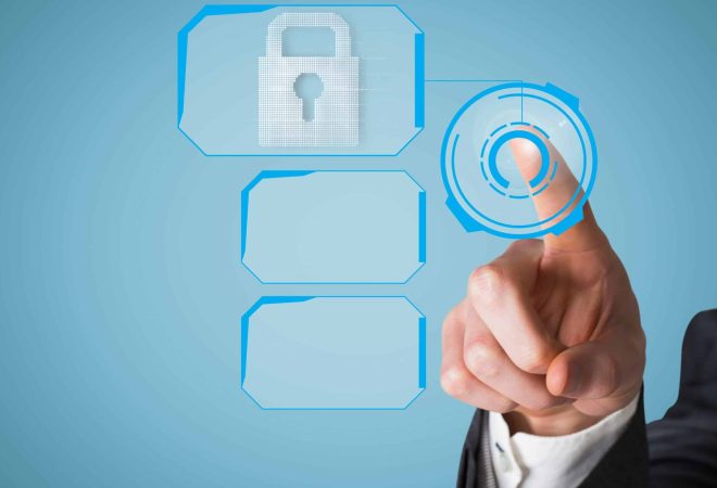 composite of hand pointing at padlock graphic