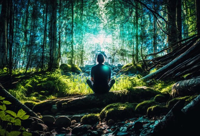 Silhouette Woman practicing yoga pose for meditation in summer on vacation, happy relaxed girl. Calm female exercises with yoga meditate on meadow against sun with sunset time. Generative AI