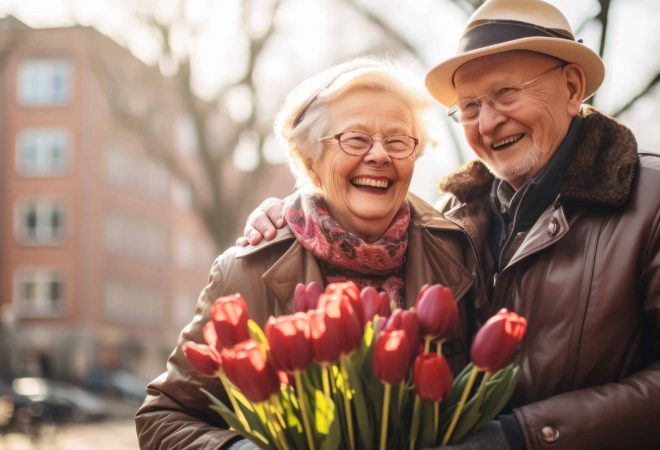 Portrait of elderly couple, man gives tulips, postcard with a picture of elderly loving couple. Happy Valentine's Day greeting idea, senior community positive living concept and active life longevity
