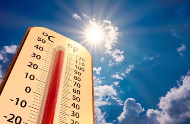climate change, low angle view Thermometer on blue sky with sun shining in summer show increase temperature, concept global warming