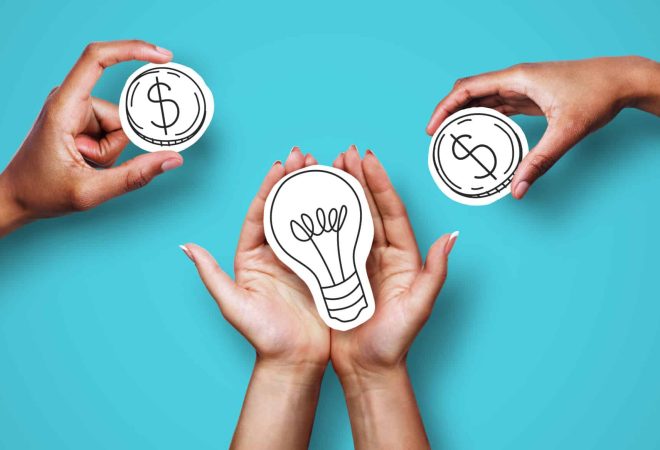 Money for startup, startup financing. Hands with dollar sign coins and light bulb over blue background, creator asking investors for money