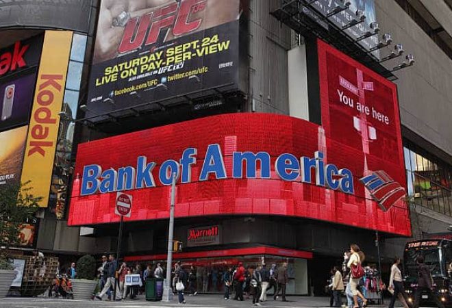 New York, NY, USA - September 17, 2011: Video LED display on the exterior of the Marriott Hotel between 45th and 44th Streets on Broadway in Times Square advertising Bank of America above a bank location. Bank of America  is currently one of the four largest banks in the USA. Billboard adverts dfor Kodak, and UFC (Ultimate Fighting Championship) can also be seen. Shoppers and tourists walk the sidewalks.