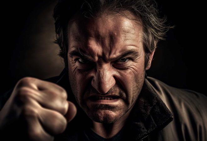 Angry young adult with serious expression generated by artificial intelligence