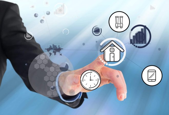 composite of hand pointing at graphics with blue background