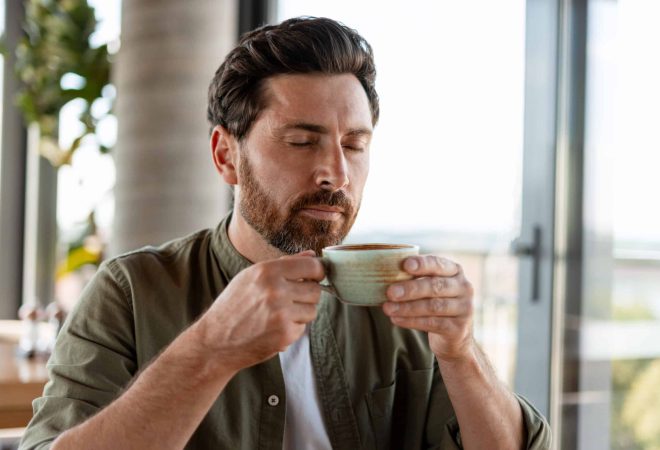 Bearded man closing his eyes and smelling coffee in a cup, enjoying the aroma of the beverage during a break in a cafe
